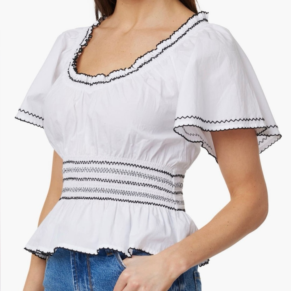 Kensie White Embroidered Flutter Sleeve Peplum Ruffle Neck Top sz Large NWT